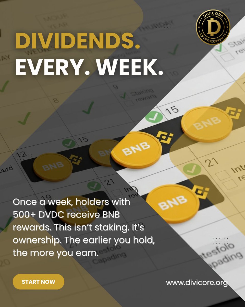 Divicore (DVDC) (@divicoretoken) on Twitter photo The power of 500 $DVDC allows the holder to receive weekly dividends from our multi-income strategy. Most people selling their 500 tokens for $0.14 are missing out on how early they are, and what 500 $DVDC means. 
Imagine receiving #BNB income every week for the rest of your The power of 500 $DVDC allows the holder to receive weekly dividends from our multi-income strategy. Most people selling their 500 tokens for $0.14 are missing out on how early they are, and what 500 $DVDC means. 
Imagine receiving #BNB income every week for the rest of your