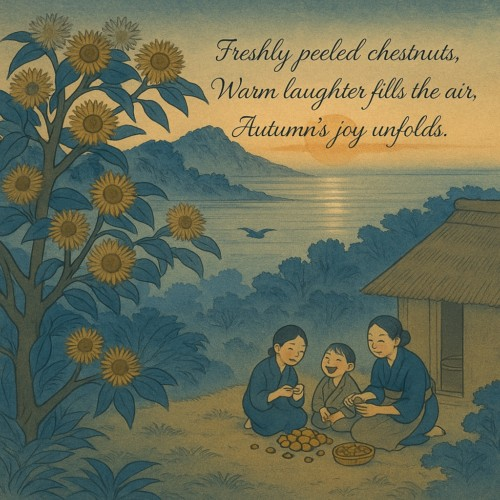 HaikuByIssa's tweet photo. 🌿 俳句
むきたての　ほくほく栗の　笑い声

🍃 Haiku 
Freshly peeled chestnuts,  
Warm laughter fills the air,  
Autumn's joy unfolds.

The aroma of freshly peeled chestnuts symbolizes warmth and joy in the home, reflecting family bonds and the simple pleasures of autumn. https://t.co/9S3HmhGxDx