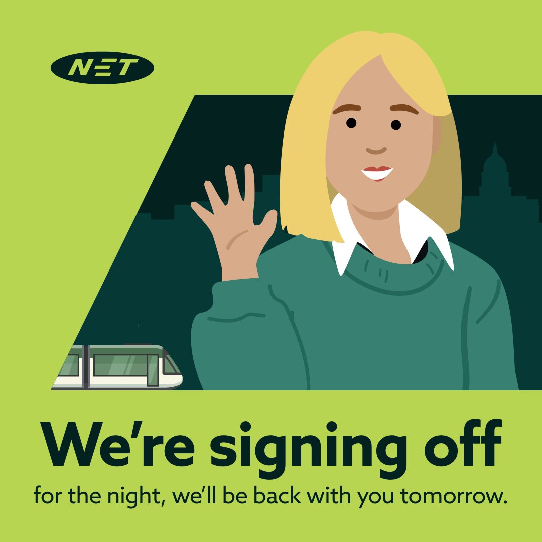 NETTram's tweet image. Sarah here, signing off for the day.
We're running to all stops but still experiencing some service delays.
Please refer to the information boards for timings.
We'll be back with you tomorrow