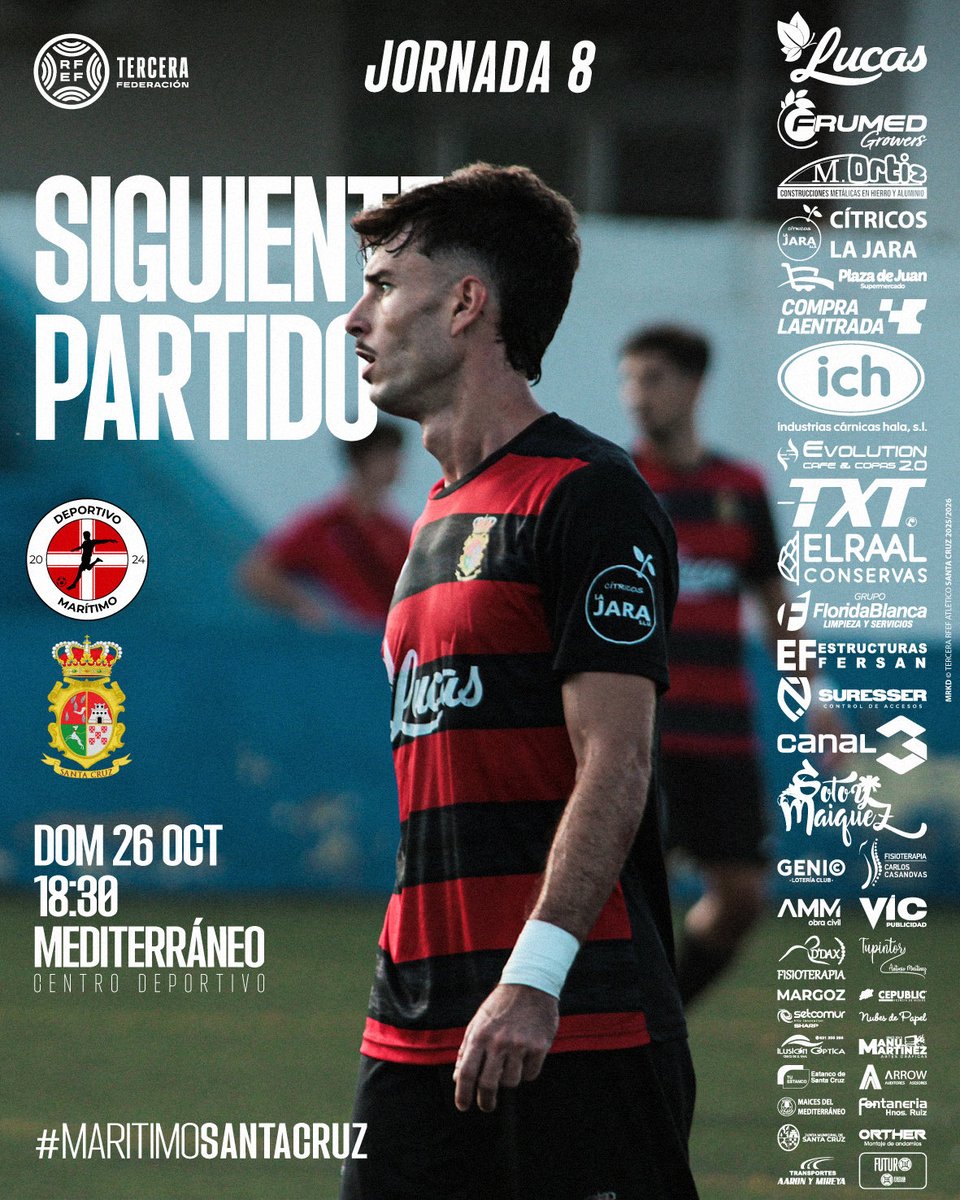 🔜 Ya tenemos confirmado el próximo encuentro, 🆚 <a href="/depmaritimo/">Deportivo Marítimo</a> 

⚔ 𝗝𝟴 - 𝗧𝗲𝗿𝗰𝗲𝗿𝗮 𝗥𝗙𝗘𝗙 𝟮𝟬𝟮𝟱/𝟮𝟲
📅 Domingo 26 de octubre
🕡 18:30
🏟 Mediterráneo, Centro Deportivo ✈️

#MaritimoSantaCruz | #AtléticoSantaCruz