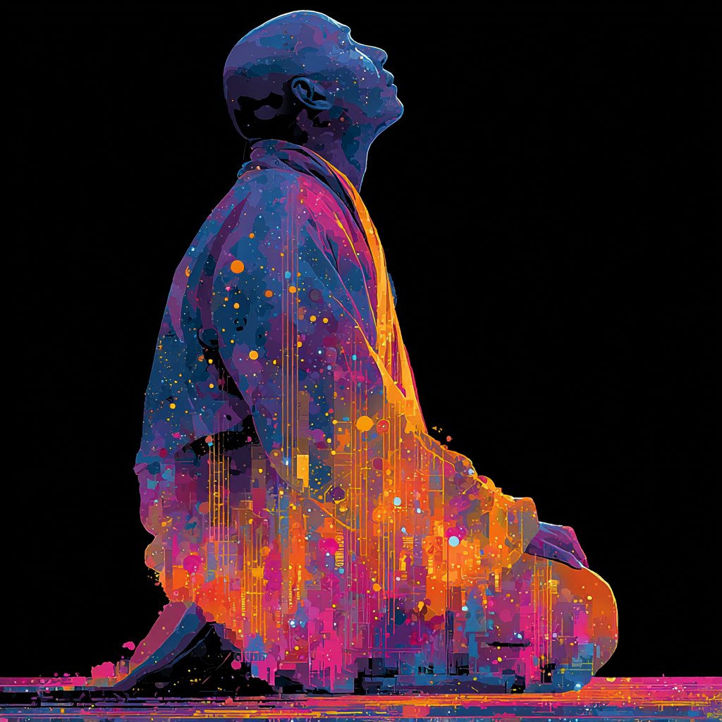 You're not small. You contain cities, constellations, entire skylines glowing inside your silhouette. Kneeling doesn't make you less; it reveals how much universe you hold when you finally sit still enough to notice. Good night.
#InnerCosmos #SpiritualArt #MeditationVibes