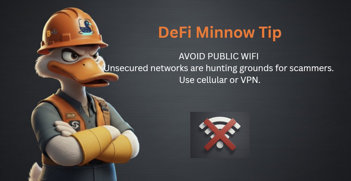 DeFi Minnow Tip: 
Avoid Public WiFi for Crypto. Never connect to your wallet or exchange account using public WiFi (coffee shop, airport). It's incredibly easy for bad actors to snoop on those networks or set up fake hotspots. Use your phone's cellular data or a trusted VPN.