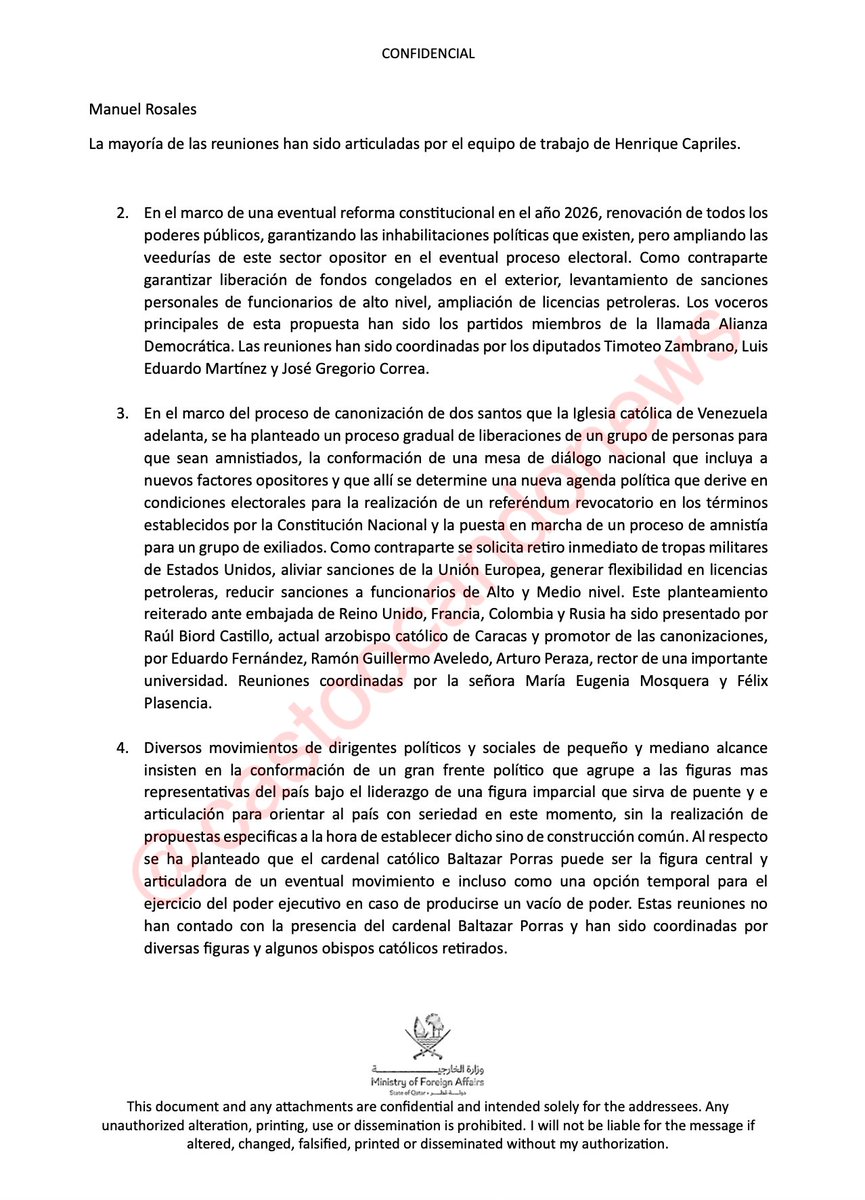 🧵1.- #21Oct Su Excelencia Sheikh Mohammed bin Abdulrahman bin Jassim Al Thani <a href="/MOFAQatar_ES/">Ministerio de Relaciones Exteriores- Qatar</a>. Me dirijo a ustedes para solicitar aclaración respecto a un documento que ha sido recientemente difundido públicamente y que parece llevar el sello oficial de su prestigioso ministerio.