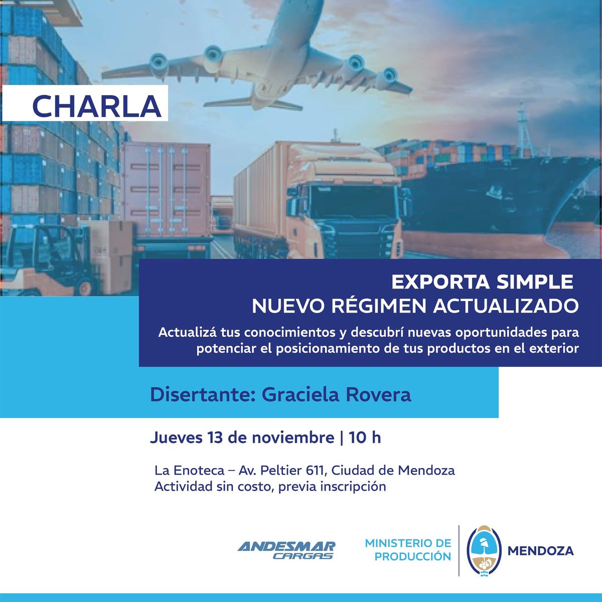 ✅️ El Ministerio de Producción invita a participar de una charla clave para quienes desean exportar 

📦✈️ ¡"Exporta Simple - Nuevo Régimen Actualizado", permitirá renovar conocimientos y descubrir nuevas oportunidades para posicionar tus productos fuera del país.