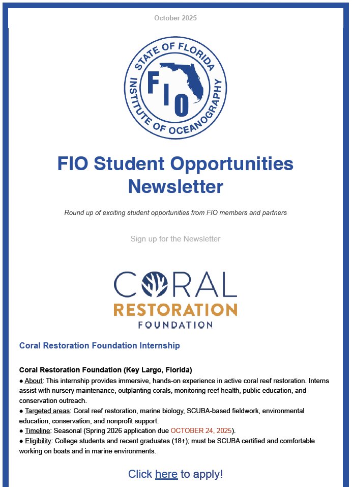 Florida Institute of Oceanography (FIO) (@fio_stpete) on Twitter photo The latest edition of the FIO Student Opportunities Newsletter is out now! 
Dive into a wide range of job and internship opportunities from FIO members and partner organizations tailored for students and recent grads.
Sign up here: ow.ly/CxnW50XfRQ2 The latest edition of the FIO Student Opportunities Newsletter is out now! 
Dive into a wide range of job and internship opportunities from FIO members and partner organizations tailored for students and recent grads.
Sign up here: ow.ly/CxnW50XfRQ2