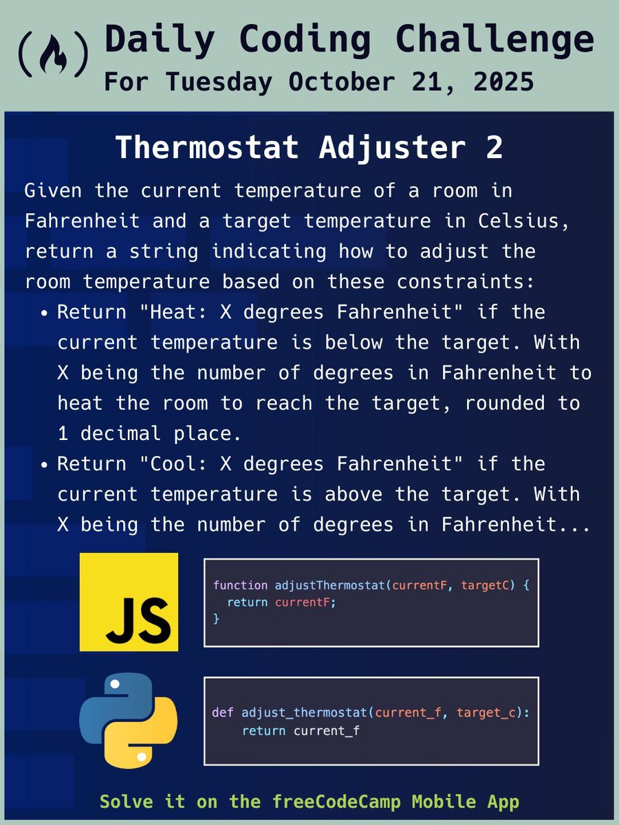 freeCodeCamp's tweet image. For today's (really, today's 😅) coding challenge, you'll create a thermostat adjuster. Check it out on freeCodeCamp's mobile app.