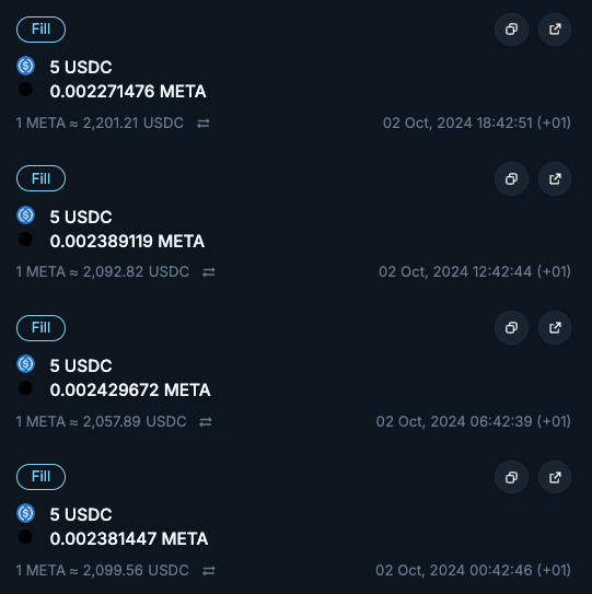Screenshot of $5 USDC DCA trades into META token on Solana via Jupiter