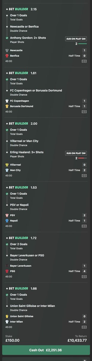 footyhustle's tweet image. 🚨 UEFA CHAMPIONS LEAGUE CASH OUT 🚨 at £2,251 to return £10,433
£150 ➡️ £10,433 RETURN POTENTIAL ⚽️🔥

✅

All flying at HT — perfect setup for a massive night! 🚀

💥 If this lands, £1000 to 5 lucky people who:
❤️ Like | 🔁 Retweet | 💬 Comment | ➕ Follow @footyhustle