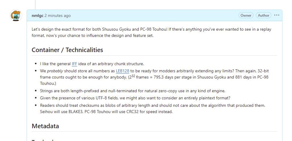 ReC98Project's tweet image. While I'm working on TH03, let's design the replay format I'll use for Shuusou Gyoku and PC-98 Touhou! If there's anything you've ever wanted to see in a replay format, now's your chance to influence the design and feature set.

github.com/nmlgc/ssg/issu…