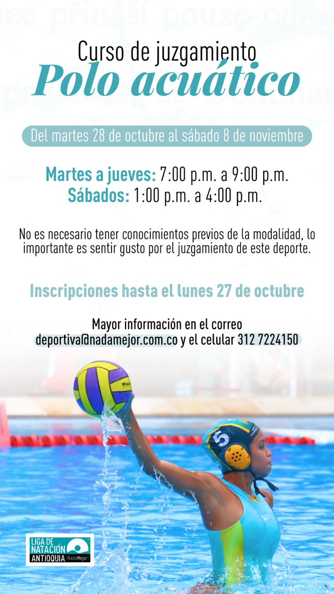 #PoloAcuatico | Te invitamos a participar del Curso de Juzgamiento de Polo Acuático que ofrece la Liga de Natación de Antioquia🔥💦
Los interesados pueden diligenciar el siguiente formulario:
➡️ forms.gle/UeATcaNzfAALyv…
.
.
.
#SomosAntioquia #LigadeNatación #NadaMejor