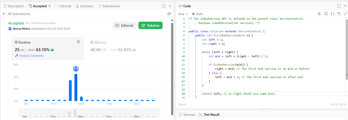 NeerajMishr12's tweet image. 🚀 Day 23/100 – Learning Journey
Solved 2 LeetCode Binary Search problems: First Bad Version &amp; Guess the Number 🔍
Practiced video questions to strengthen searching algorithms 🎯
Revised JS concepts: OOPs &amp; DOM for React ⚛️
Streak are alive ✨
#100DaysOfCode #BuildInPublic
