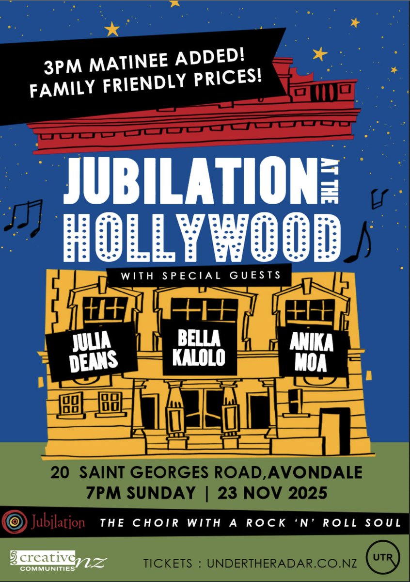 The 23 November Jubilation choir performance – featuring guest artists Julia Deans, <a href="/bellakalolo/">Bella Kalolo</a>, and <a href="/Anika_Moa/">Anika Moa</a> – has sold out.  A 3pm matinee has now been added.  

Get in quick!  undertheradar.co.nz/tour/31437/Jub…

Jennifer is a member of Jubilation.