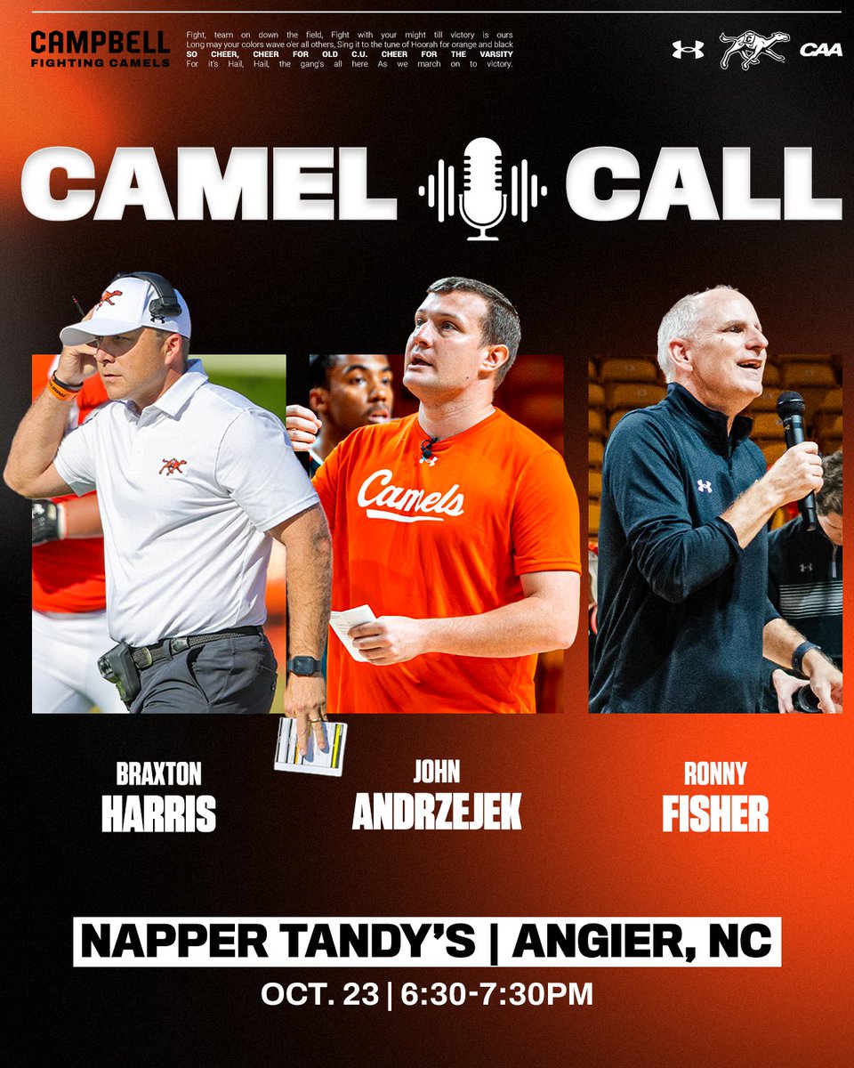 Join us Thursday at Napper Tandy's for a loaded Camel Call Live!

<a href="/Coach_BHarris/">Coach Braxton Harris 🐪</a>, <a href="/CoachAndrzejek/">John Andrzejek</a>, and <a href="/rfishercu/">Ronny Fisher</a> will all be in!

#RollHumps🐪