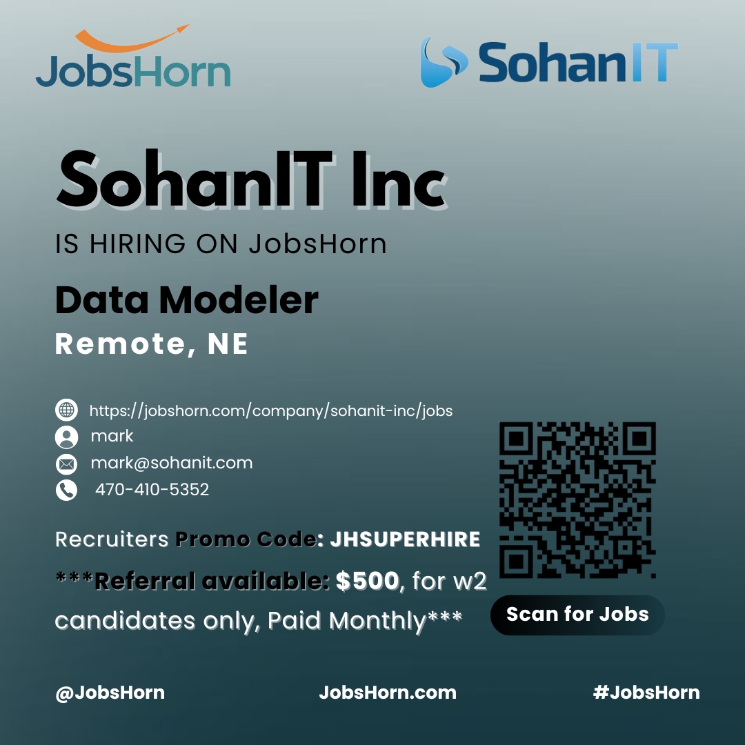 marksohanIT's tweet image. Apply SohanIT Inc Jobs on #JobsHorn: jobshorn.com/job/data-model…
Data Modeler- Remote
Recruiters Promo Code: JHSUPERHIRE
**Referral available: $500, for w2 candidates only, Paid Monthly*
mark@sohanit.com |+1 470-410-5352
#datamodeler #jobshorn #sohanit #publichealth #datamodelling