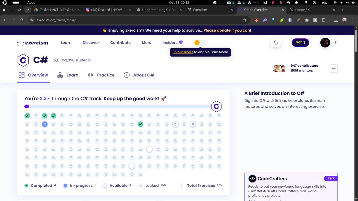 Lansa_18's tweet image. From learning about classes and objects, to understanding value and reference types as well as knowing more about custom types, taking it one step at a time on the c# journey.
Solving exercises on @exercism_io to solidify all the concepts I’ve learnt so far.
#csharpdev