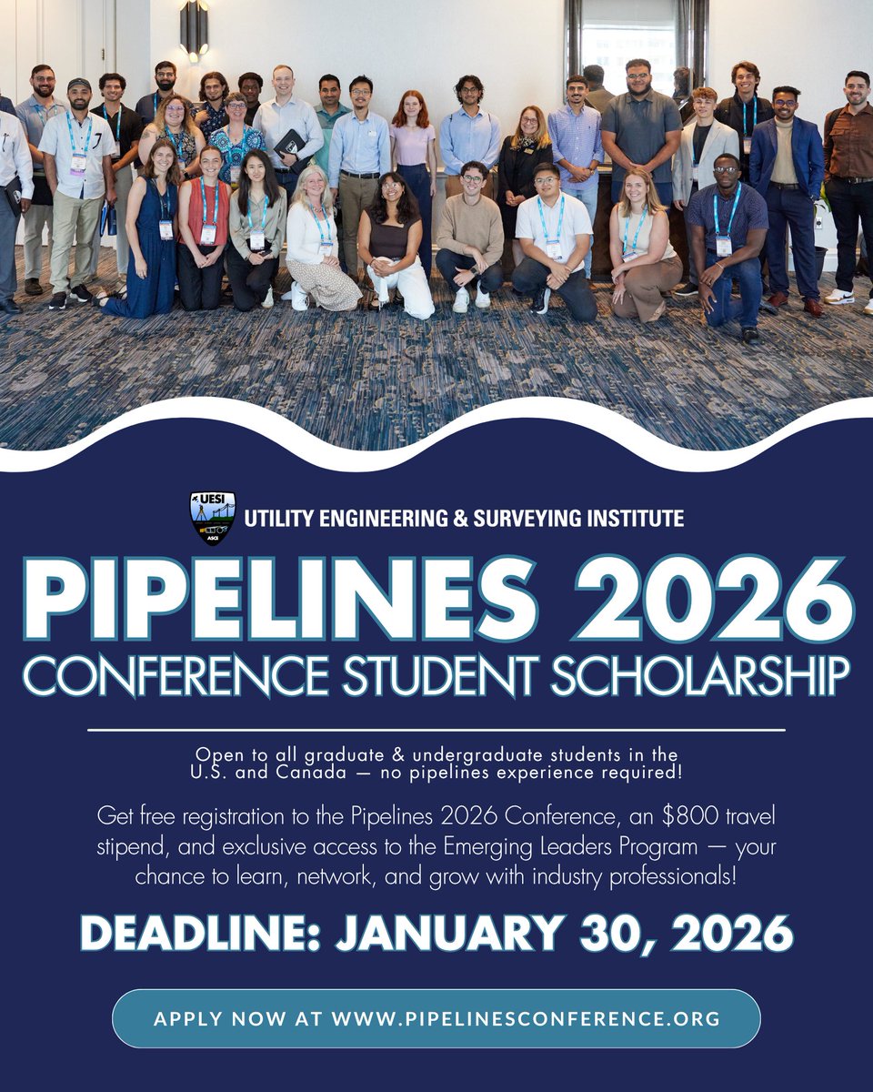 uesi_asce's tweet image. Applications for the #Pipelines26 Conference Student Scholarship and UESI Doug Jenkins Student Competition are now open!

Deadline: Jan. 30, 2026
Learn more: pipelinesconference.org

#PipelinesConference #Pipelines #UESI #CivilEngineering #Scholarship #MyUESI #YouESI #Detroit