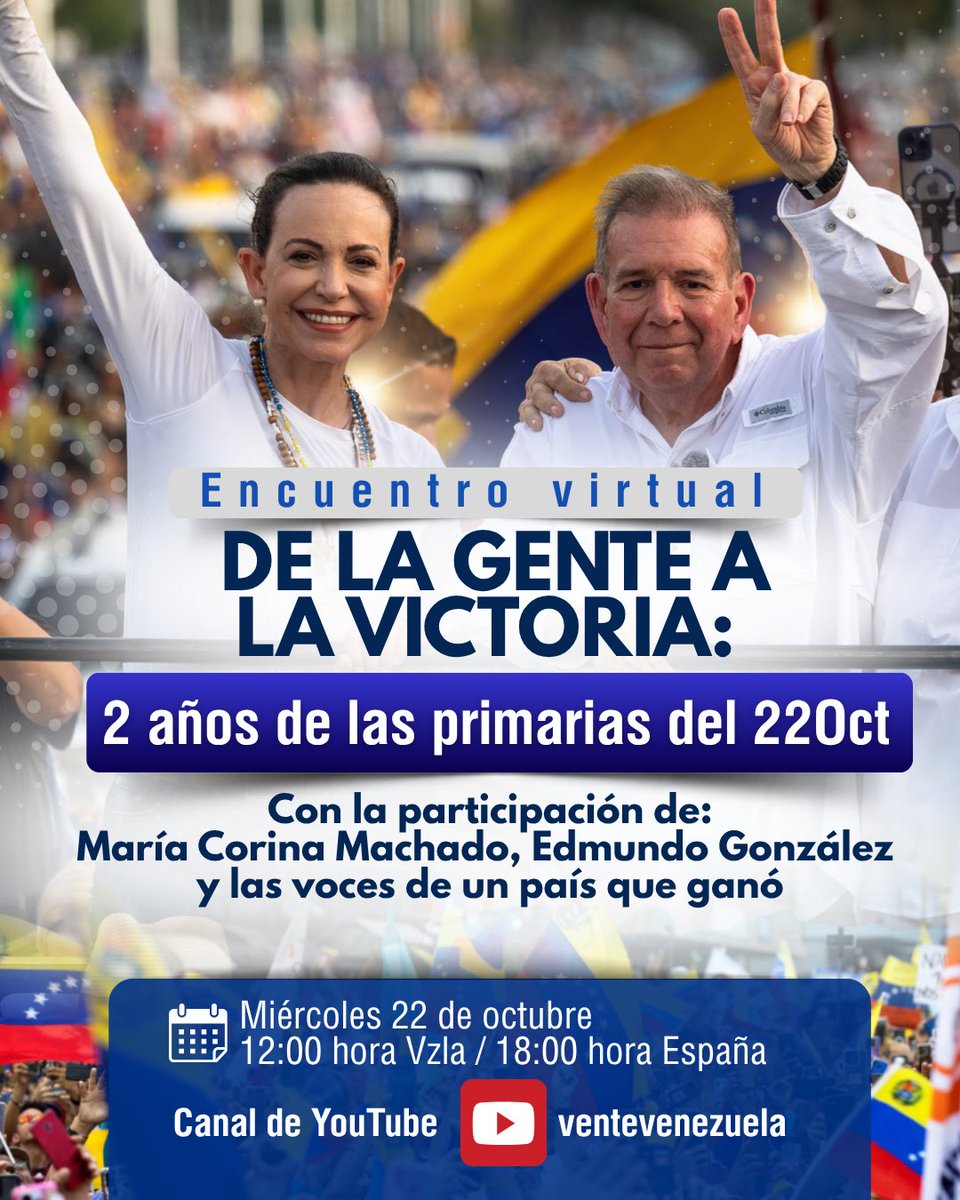🗳️🇻🇪 𝐄𝐧𝐜𝐮𝐞𝐧𝐭𝐫𝐨 𝐯𝐢𝐫𝐭𝐮𝐚𝐥 𝐚 𝟐 𝐚𝐧̃𝐨𝐬 𝐝𝐞 𝐥𝐚𝐬 𝐩𝐫𝐢𝐦𝐚𝐫𝐢𝐚𝐬

Este miércoles #22Oct se cumplen dos años de las primarias de 2023, cuando los venezolanos hablamos y escogimos el liderazgo opositor que hoy nos representa. 

Te invitamos mañana a participar