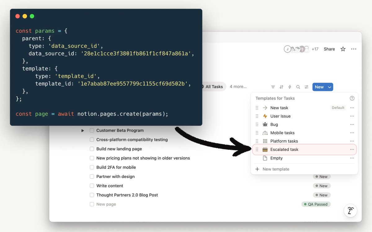 NotionAPI's tweet image. API update: You can now create pages from templates.
Before, the API could only create pages from scratch. Now your automations can use your database templates when creating new pages.
👇 Here’s how it works.