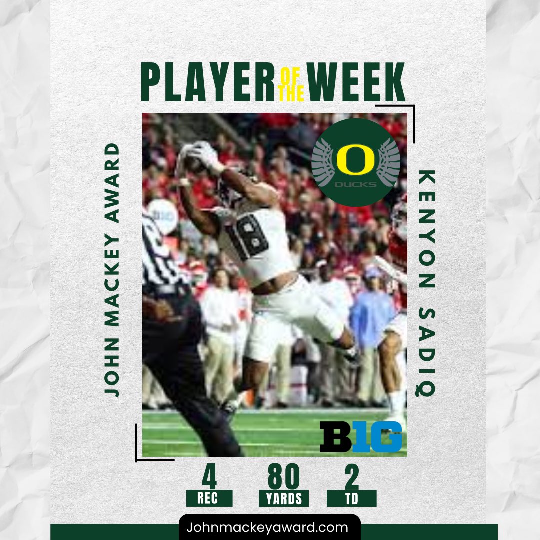 Big time performance from <a href="/KenyonSadiq/">Kenyon Sadiq</a> for <a href="/oregonfootball/">Oregon Football</a> Congrats on taking home this weeks honor and getting a big win!