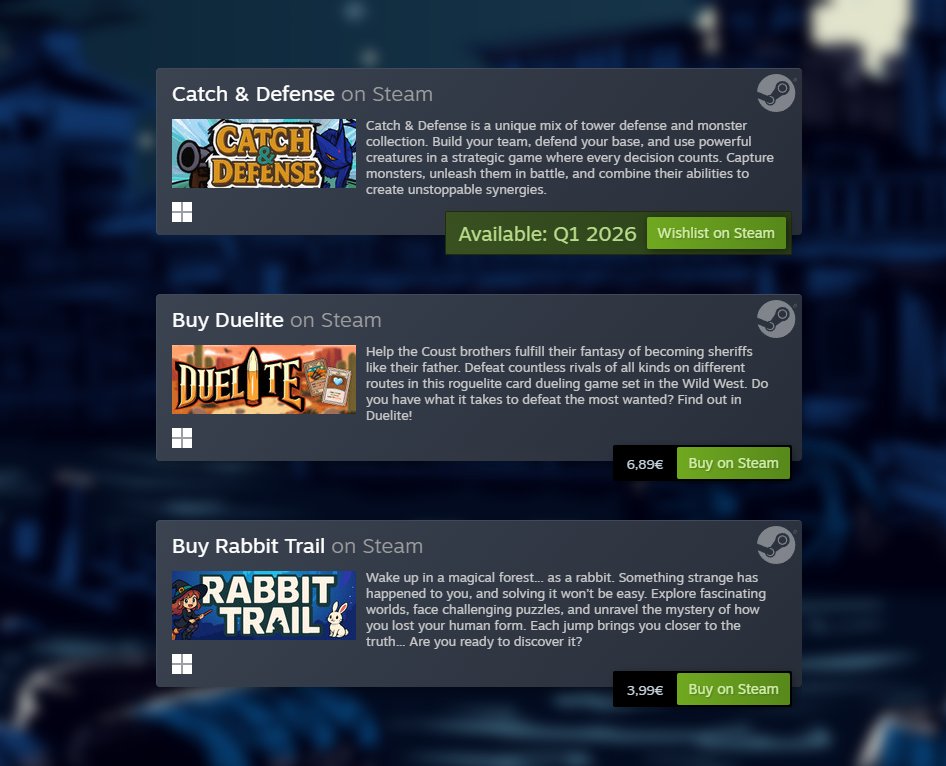 BetakingStudios's tweet photo. 😄 Not everything is about the Next Fest!

While you wait for Catch & Defense to arrive ⚡, remember you can already play our other games on Steam:

🎴 Duelite – card duels in the Wild West
🐇 Rabbit Trail – cozy puzzles in a magical forest

Both avaiable on Steam — go check them out! 💚
#IndieGame #Steam #BetakingStudios