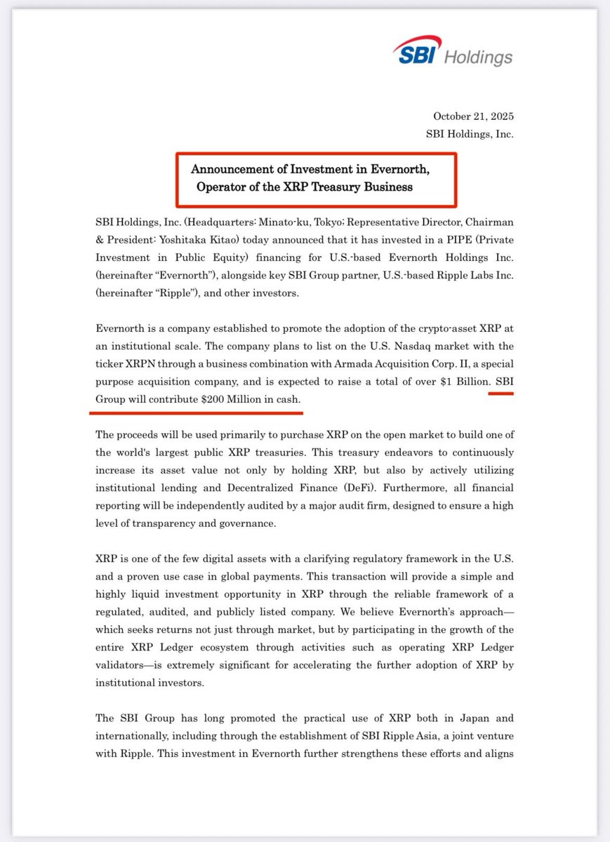 🚨 HUGE NEWS:

RIPPLE PARTNER SBI HOLDINGS HAS ANNOUNCED THEY WILL INVEST IN EVERNORTH, OPERATOR OF THE #XRP TREASURY BUSINESS! 🇯🇵 

SBI GROUP WILL CONTRIBUTE $200 MILLION IN CASH! 💴 

sbigroup.co.jp/english/news/p…