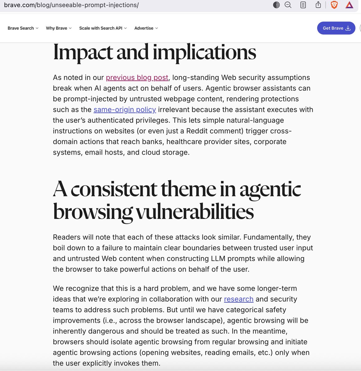 BrendanEich's tweet image. With JS, I had to invent the Same Origin Policy in a hurry. OCap design ideas in "JS, the Good Parts" saved much of the day.

My OWASP USA 2012 talk: slideshare.net/slideshow/the-…

AI browsers now let web content violate security policies. @Brave is on the case.
brave.com/blog/unseeable…