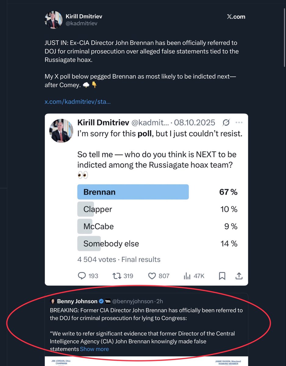 Putin’s sovereign wealth fund manager is excited that his top choice of former officials to prosecute for “Russiagate” was referred to Pam Bondi.

Of course he quote-tweeted Russian intelligence subcontractor Benny Johnson.

This is so goddamn pathetic. Fucking ORCS.