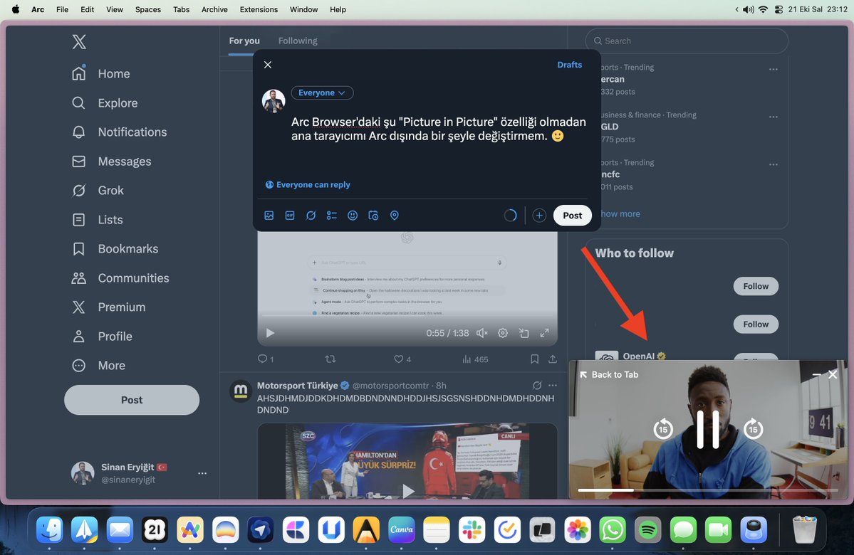 sinaneryigit's tweet image. Arc Browser'daki şu "Picture in Picture" özelliği olmadan  ana tarayıcımı Arc dışında bir şeyle değiştirmem. 🙂
@browsercompany