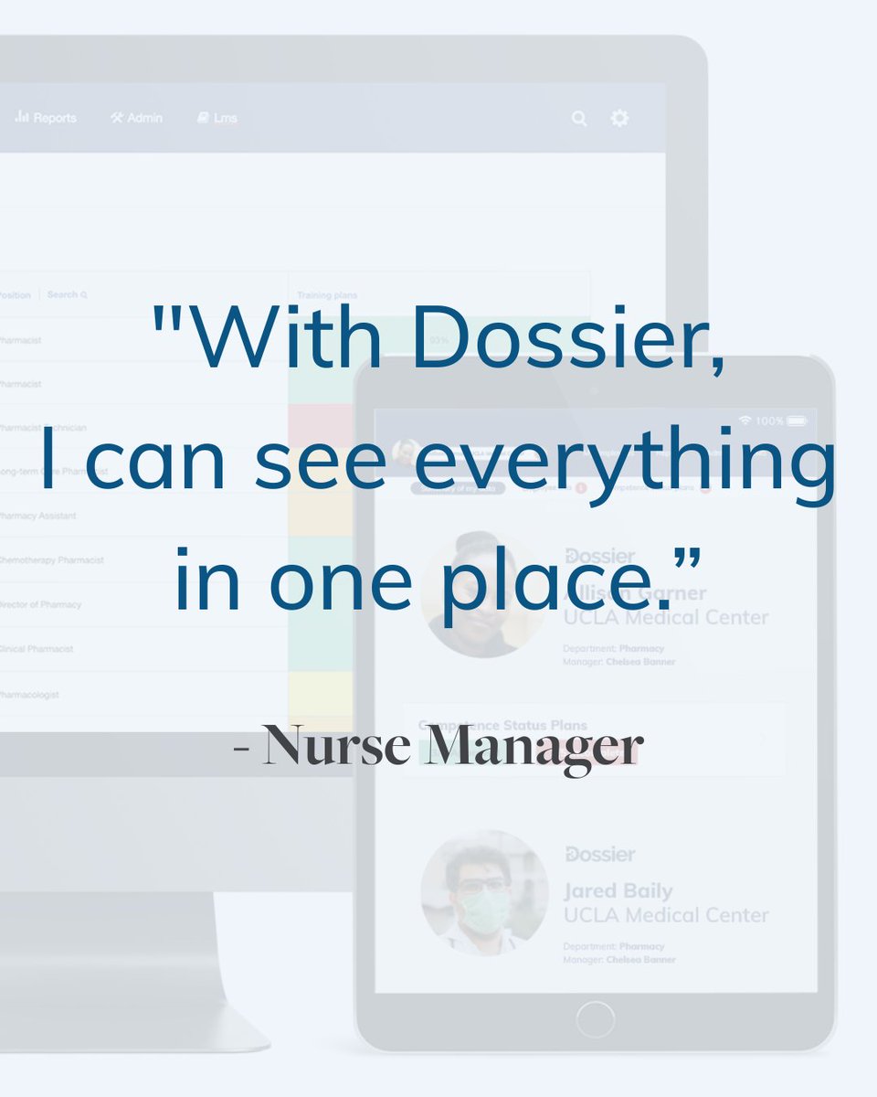 DossierSolution's tweet image. Nursing managers using Dossier claim, &quot;With Dossier, I can see everything in one place.&quot;

Discover why so many valued healthcare teams are choosing Dossier: hubs.ly/Q03Pp95J0

#healthtech #healthcare #competencymanagement #efficiency #HealthcareInnovation #dossier