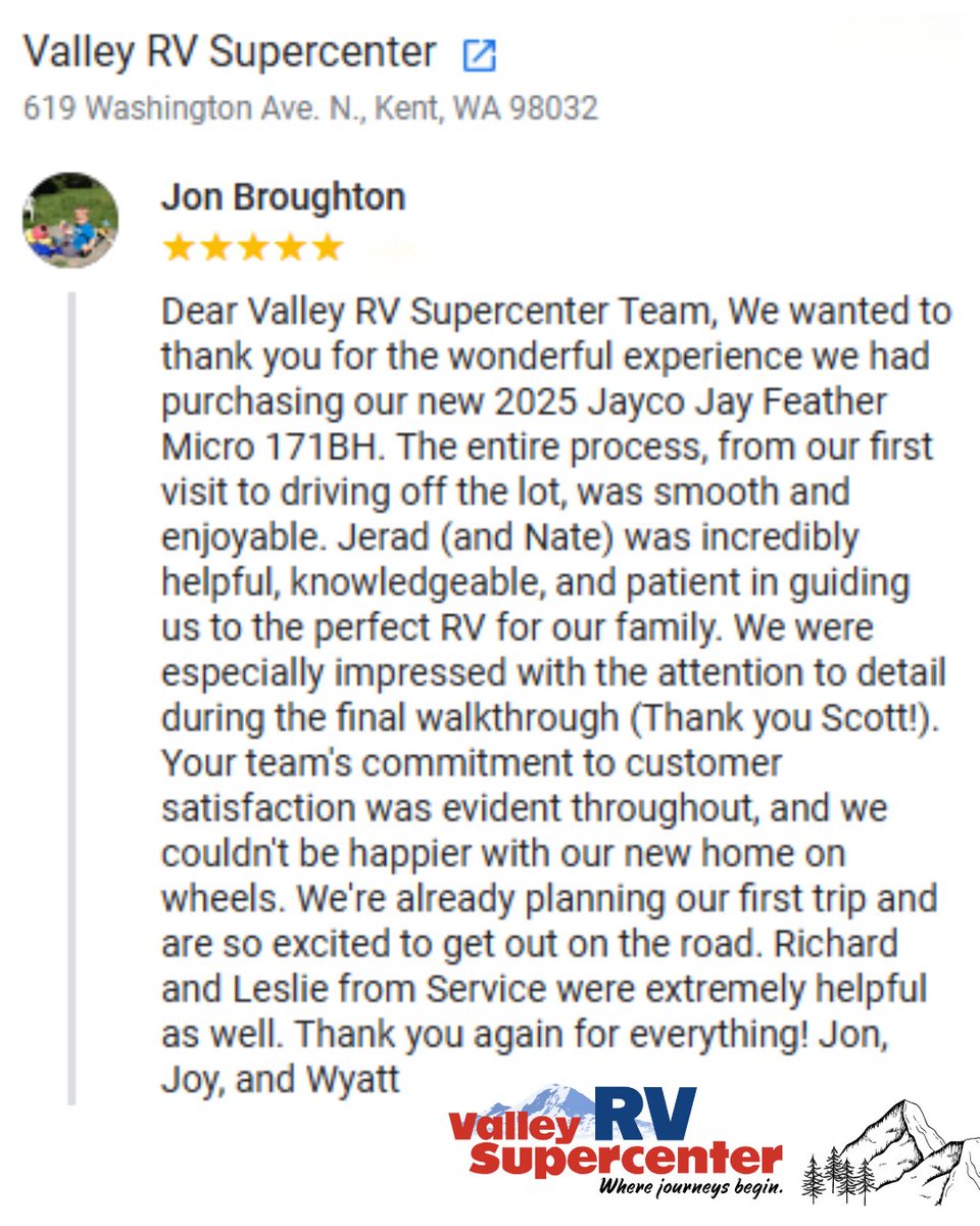 ValleyRVSuper's tweet image. A smooth process, a perfect RV, and a very happy family! 🛻💙This is exactly what teamwork looks like at Valley RV Supercenter.

Shop for your next RV - bit.ly/4fAozyZ

#ValleyRVSupercenter #JayFeather171BH #LetsJayco  #RVLife