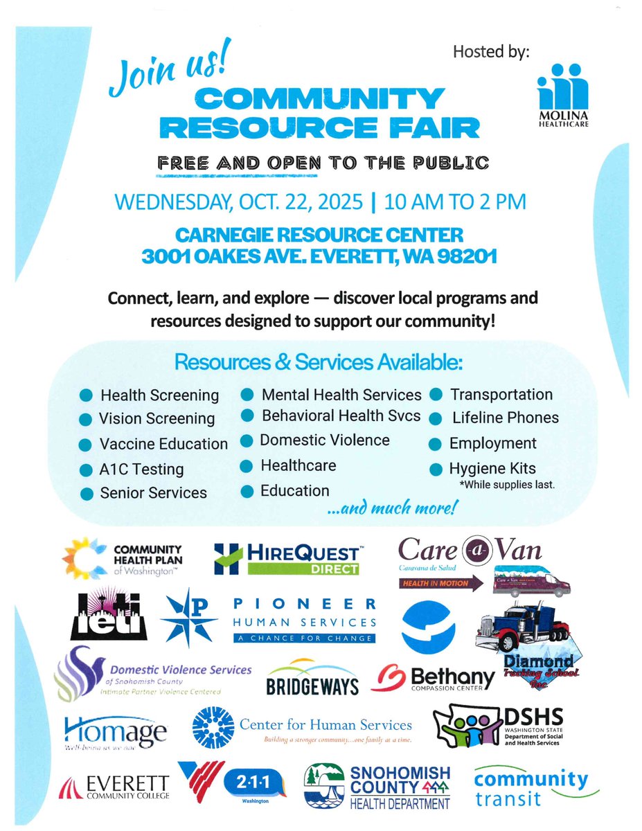PioneerWA's tweet image. Join us for the FREE #CommunityResourceFair hosted by Molina Healthcare on Wed, Oct. 22 from 10 AM - 2 PM at the Carnegie Resource Center in #Everett at 3001 Oakes Ave. Many #CommunityPartners will be present to assist you. #ResourceFair #BuildingCommunity