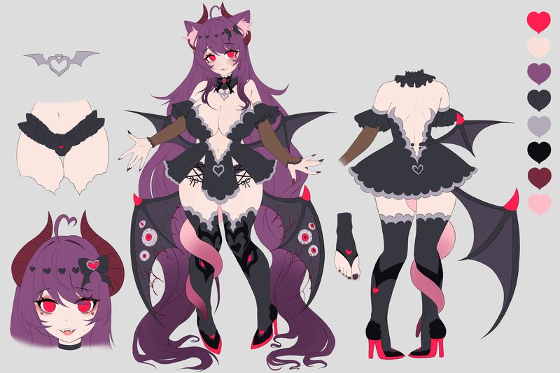 VelvetNoirVT's tweet image. When I designed this back in 2021/2022, I felt so proud! My art has improved so much since, but I’m still happy with the design! 
I’d love to do more vtuber designs in the future
What do you think about my design?