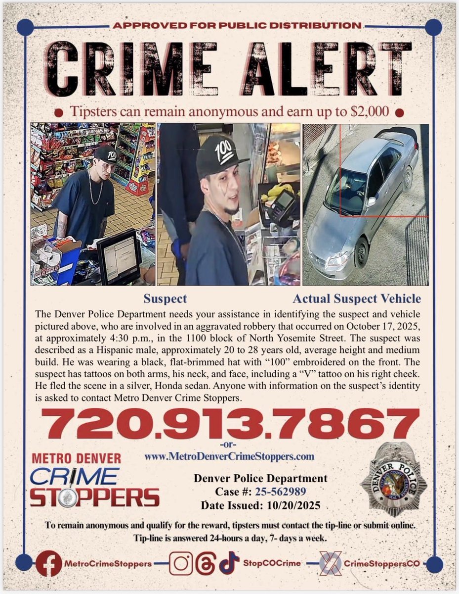 #Denver, do you recognize any of these suspects? If so, call <a href="/CrimeStoppersCO/">MetroDenverCrimeStoppers</a> at 720-913- STOP. Tipsters can remain anonymous and earn a cash reward!