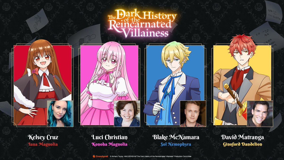 The English Dub for The Dark History of the Reincarnated Villainess premieres tomorrow, October 21st, streaming on <a href="/Crunchyroll/">Crunchyroll</a>.

Iana - <a href="/KelseyCruzVO/">Kelsey Cruz 🩷</a>
Konoha - @Lucilovesmic
Sol - <a href="/1BlakeMcNamara/">Blake McNamara</a>
Ginoford - <a href="/DavidMatranga1/">David Matranga</a>
Director - <a href="/RetroJono/">Jonathan Rigg</a>

Info: got.cr/darkhistory-dub