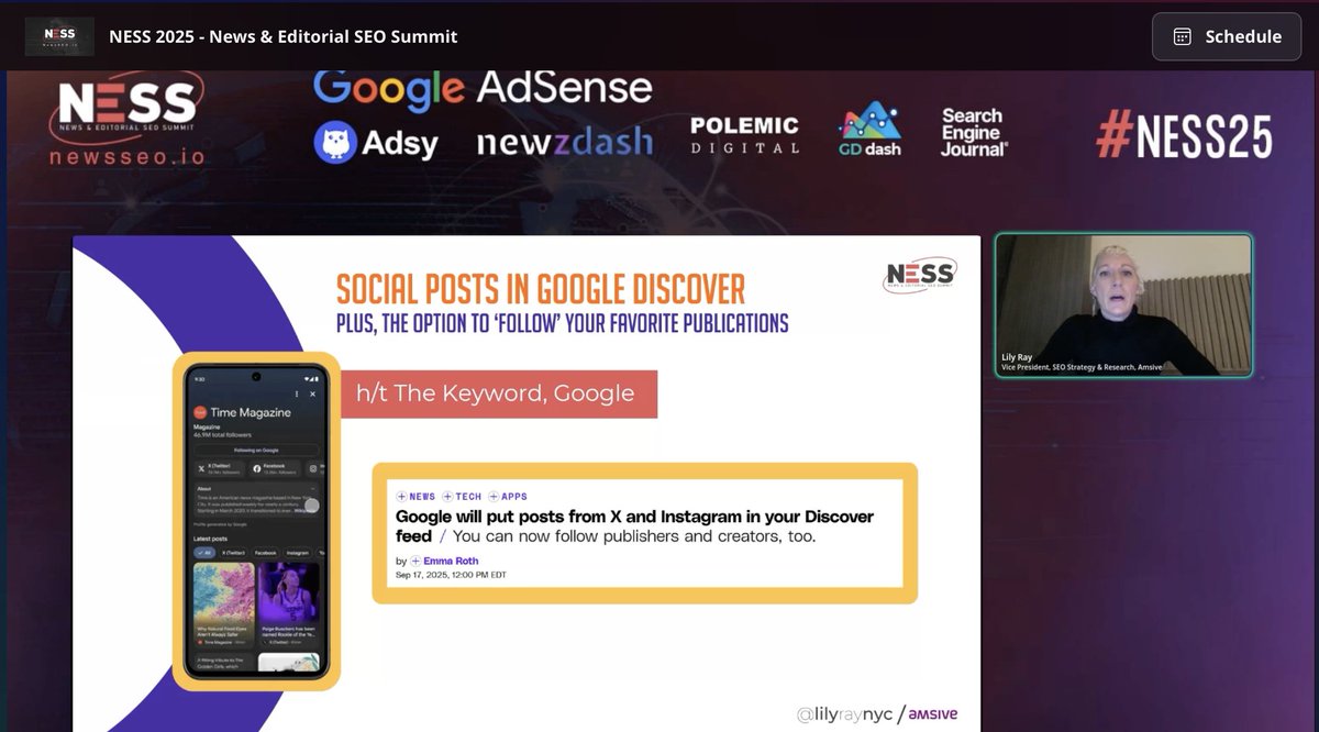 NewsSEO_'s tweet photo. @lilyraynyc gave an amazing talk at #NESS25! Titled 'Google Discover in 2025: A Deep Dive' it really set the tone for the whole day, with lots of interesting information about Google Discover and how it's wider roll-out will impact on organisations.

Thank you again Lily!

#SEO https://t.co/i1nj8FTjId