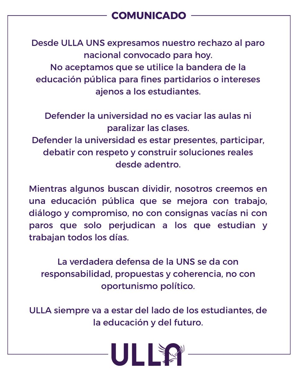 Defender la educación pública no es parar la universidad.
Es estar presentes, proponer y construir desde adentro 💪
En ULLA no hacemos política con consignas vacías: trabajamos por una UNS mejor, todos los días.