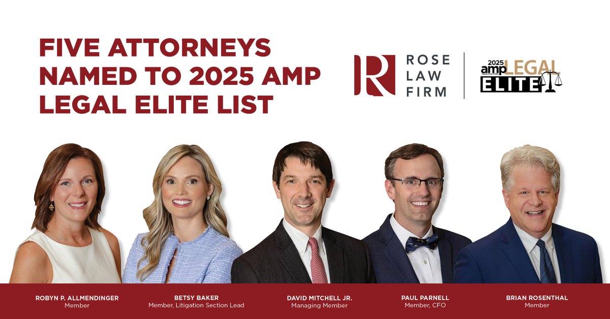 Congratulations to Robyn Allmendinger, Betsy Baker, David Mitchell Jr., Paul Parnell, and Brian Rosenthal on being named to the Arkansas Money &amp; Politics 2025 Legal Elite list for a second year in a row.
roselawfirm.com/news/five-atto…