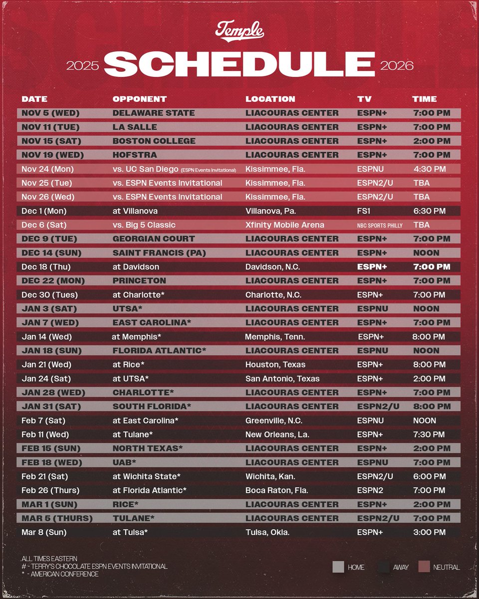 TUMBBHoops's tweet photo. Mark your calendar 📅 

The American has announced tipoff times and ESPN games!

#Team130 https://t.co/oplUNs84aN