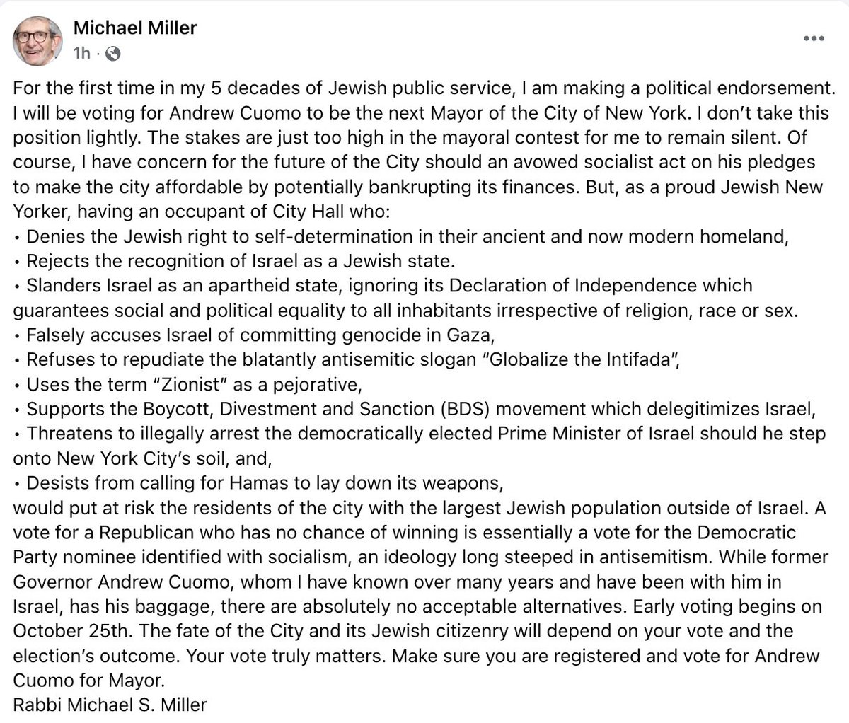 Rabbi Michael Miller, the former longtime head of the Jewish Community Relations Council of NY, issues a first-time political endorsement — backing Cuomo in the NYC mayoral race and warning about Mamdani's election.