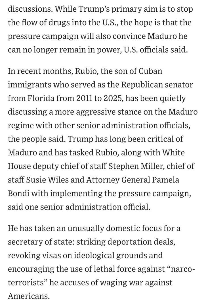 Marco Rubio is now the architect of Trump’s Venezuela front, according to the WSJ. Drugs are the pretext; regime change the goal. The team: Miller, Wiles, Bondi. The playbook: pressure, visas, deportations, and lethal force. Washington’s back in the Caribbean.