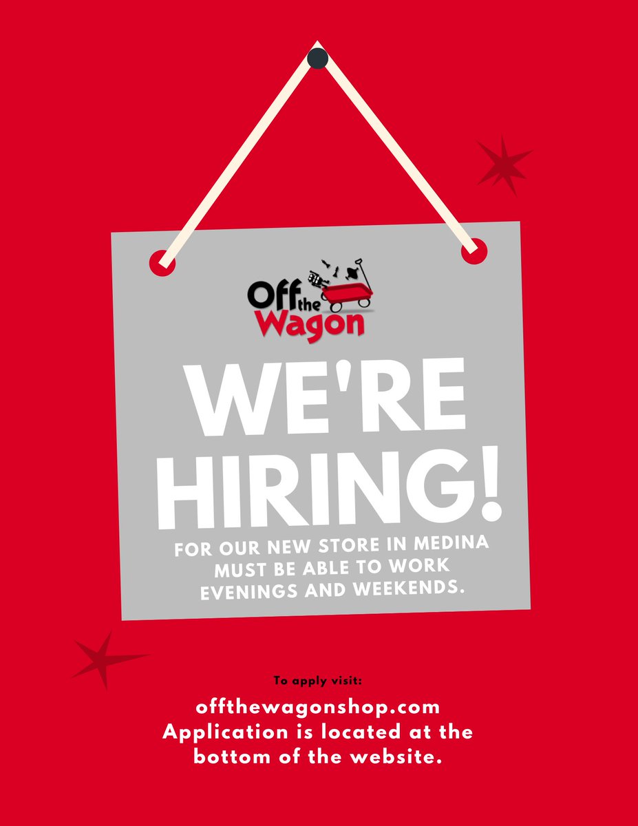 offthewagonshop's tweet photo. We are hiring for our new store in Medina Ohio!

Seeking persons who enjoy working with the public and are available, evenings and weekends.   
Interested parties can apply at https://t.co/4maVjKxIGt, employment link at the bottom of our website. Starting date will be in early to mid November.