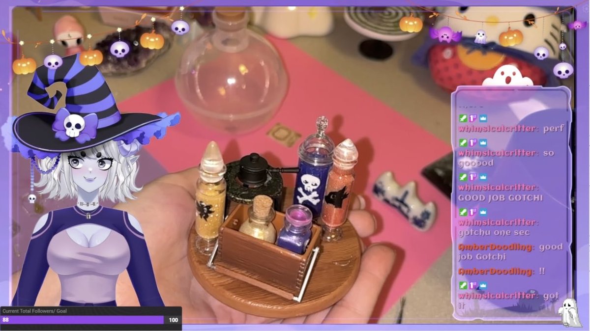 gotchigirl's tweet image. Stream was so fun and spooky today!!! we made this little potion scene and I didn’t eat any glue💜