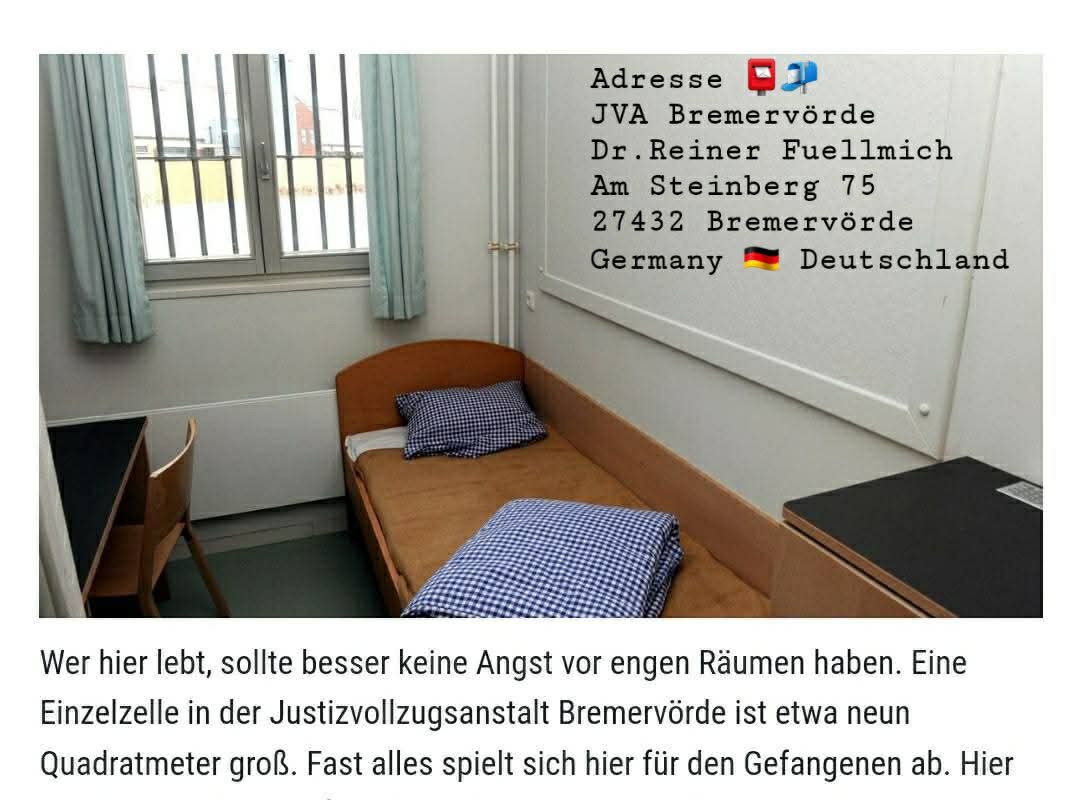FreeFuellmich's tweet photo. This is where Dr. #ReinerFuellmich receives your letters and postcards. 

🧱 "Whoever lives here should not be afraid of small spaces. A single cell in the Bremervörde correctional facility is not quite 9 square meters in size. Almost everything happens here for the prisoner." 🧱 https://t.co/PeITa2EdKs
