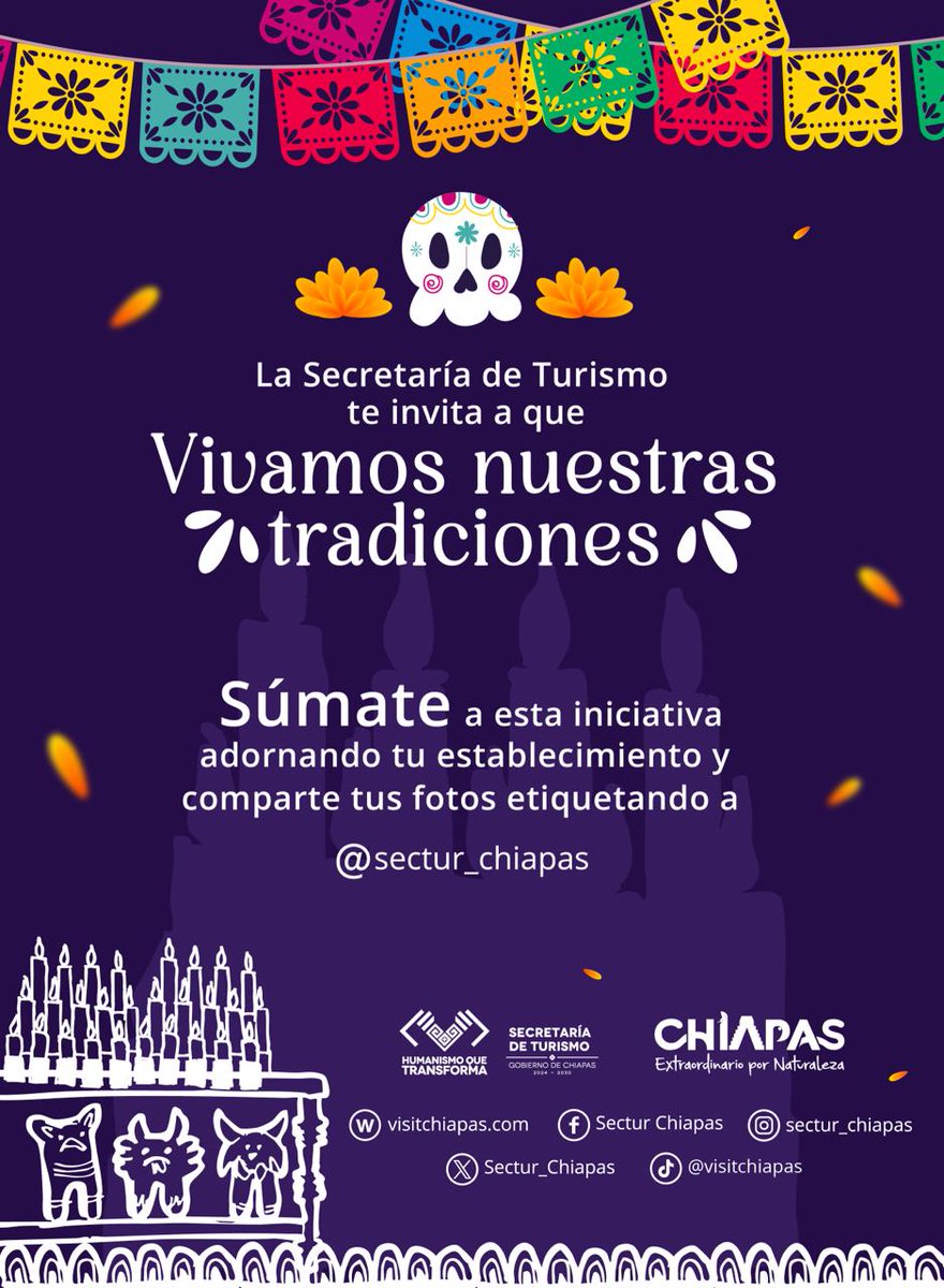 💀🌼 ¡Vivamos nuestras tradiciones!

Decora tu establecimiento por el  #DíaDeMuertos y comparte tu foto etiquetando a 👉 @sectur_chiapas

🎉 ¡Súmate y mantengamos viva esta hermosa tradición!
#ChiapasExtraordinarioPorNaturaleza