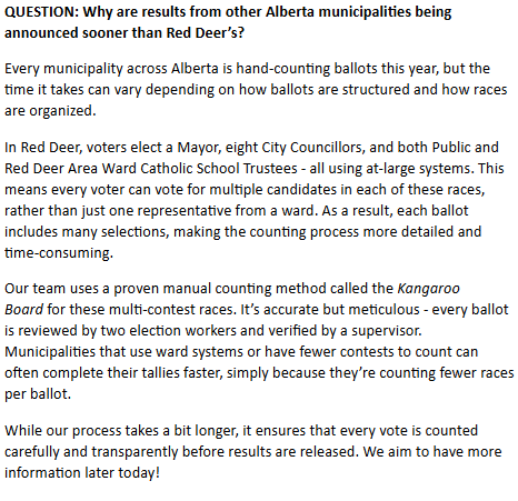 Statement from City of #RedDeer to <a href="/rdnewsNOW/">rdnewsNOW</a> explaining delay in municipal election and school board election results...