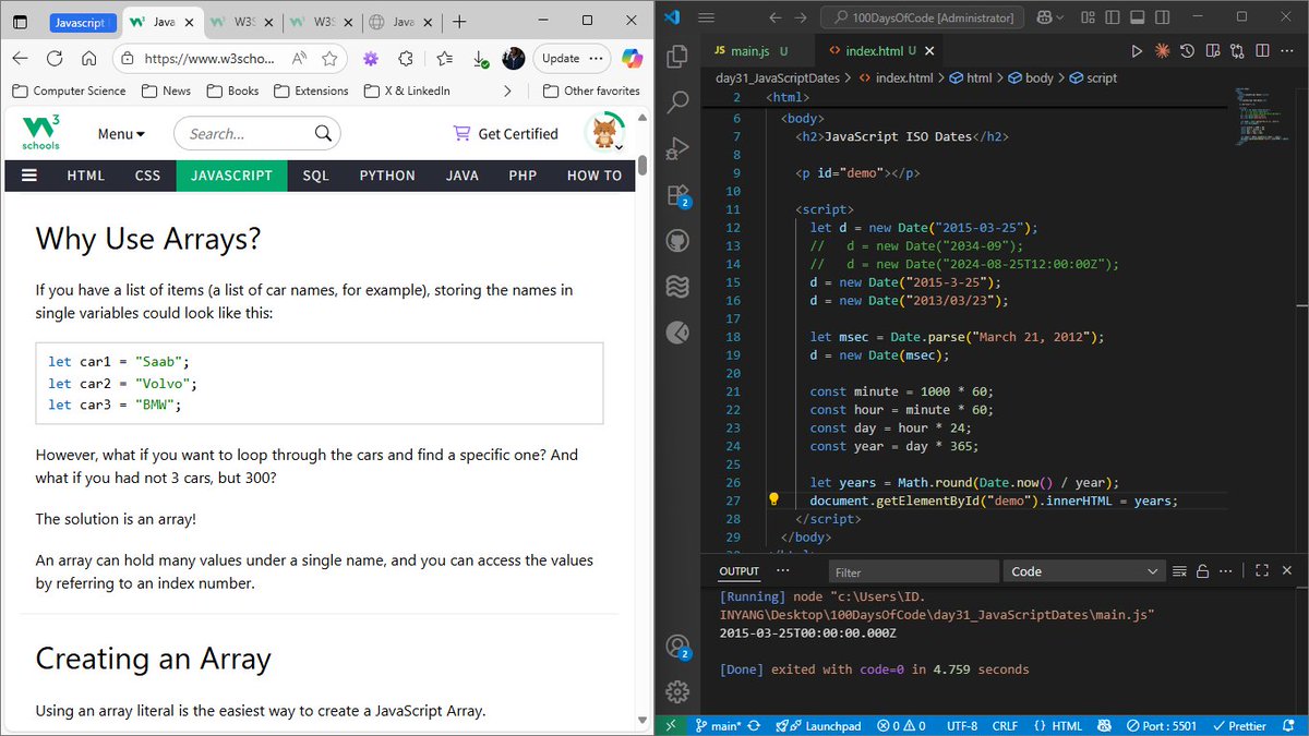 id_inyang_'s tweet image. Day 31 of #100DaysOfCode
Learning about JavaScript Dates
- Date Formats
- Date Methods
- Date Get Methods
- Date Set Methods
- JavaScript Arrays
#JavaScript #LearnInPublic
