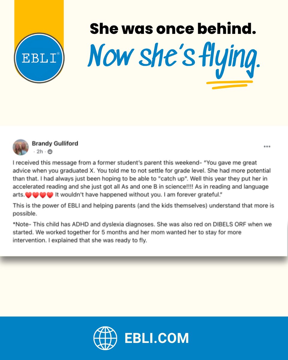 EBLIreads's tweet image. When educators believe more is possible, students rise higher than anyone imagined.

🔗 EBLI.com

#EBLI #DyslexiaAwarenessMonth #EvidenceBasedLiteracyInstruction