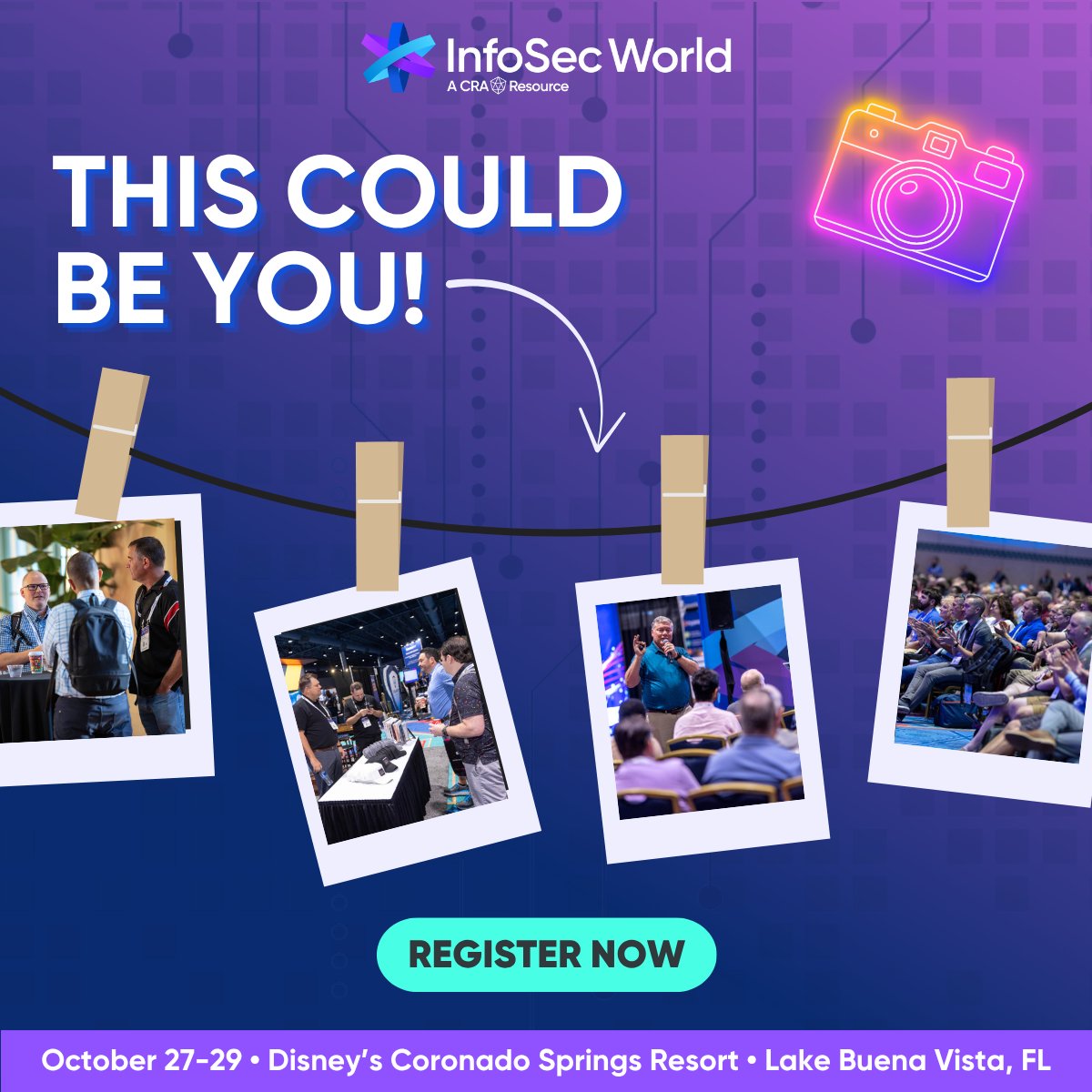 Ready for your photo-worthy #InfoSecWorld moment? 📸 

Imagine yourself here: connecting with peers, discovering new tech, and learning from the brightest minds in cybersecurity. 

Don’t just hear about it, be there  ➡️  bit.ly/4pcIxnN
 
#InfoSecWorld2025 #CRAEvents