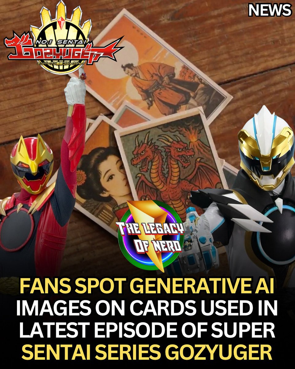thelegacyofnerd's tweet image. Super Sentai Uses Generative AI In Latest Episode of Gozyuger
Fans have spotted Generative AI being used by Toei in the latest episode of the Super Sentai series Gozyuger in this scene below showing cards with AI images