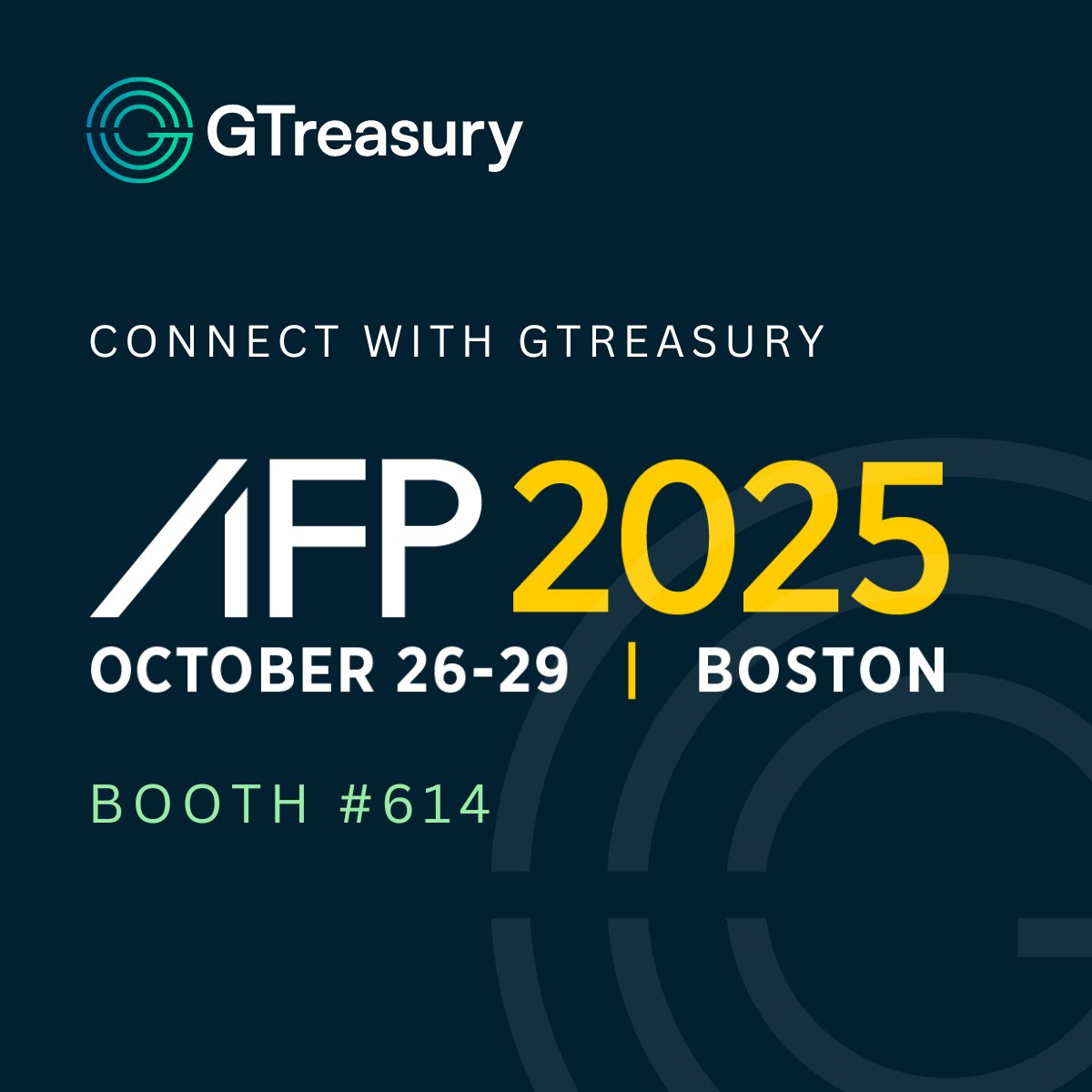 Excited for AFP in Boston next week!

Meet us at Booth 614 to see how leading businesses are transforming their treasury operations with greater speed, precision, and control. 

Get a demo of GSmart AI &amp; chat with us about our big <a href="/Ripple/">Ripple</a> news!

Book time: hubs.li/Q03PBs-j0